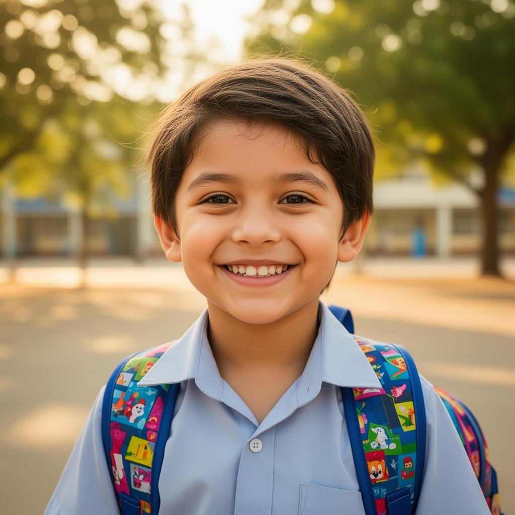Smiling school child with backpack